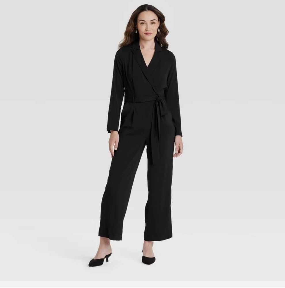 🍵 A New Day Black Long Sleeve Wrap Front Jumpsuit